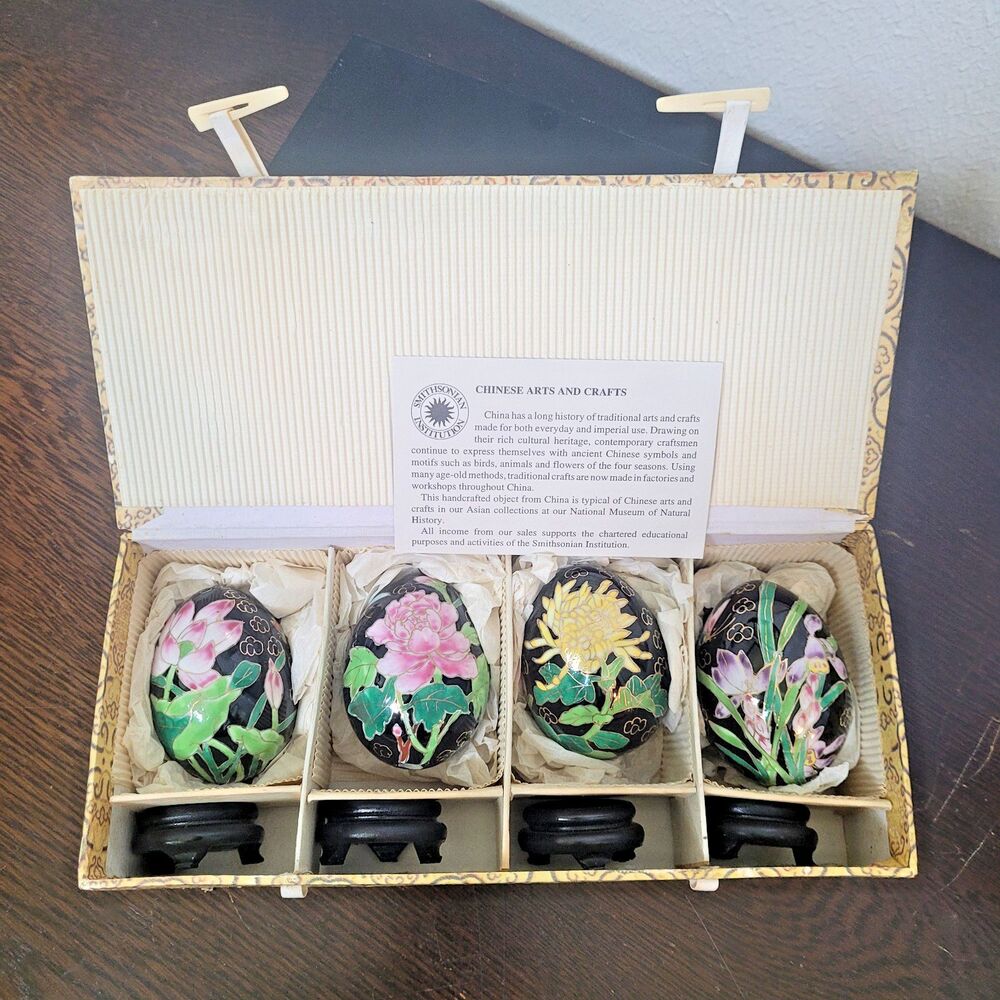 Cloisonne Eggs 4 pc Chinese Butterfly Floral Porcelain w Stand Smithsonian VTG